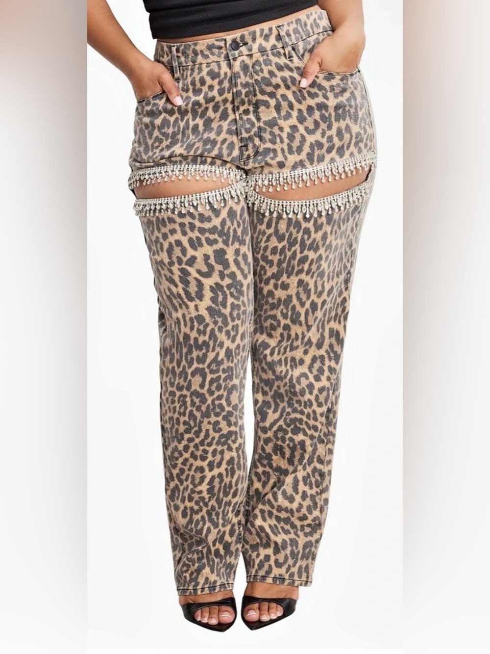 good American leopard good icon crystal embellished cutout straight leg jeans